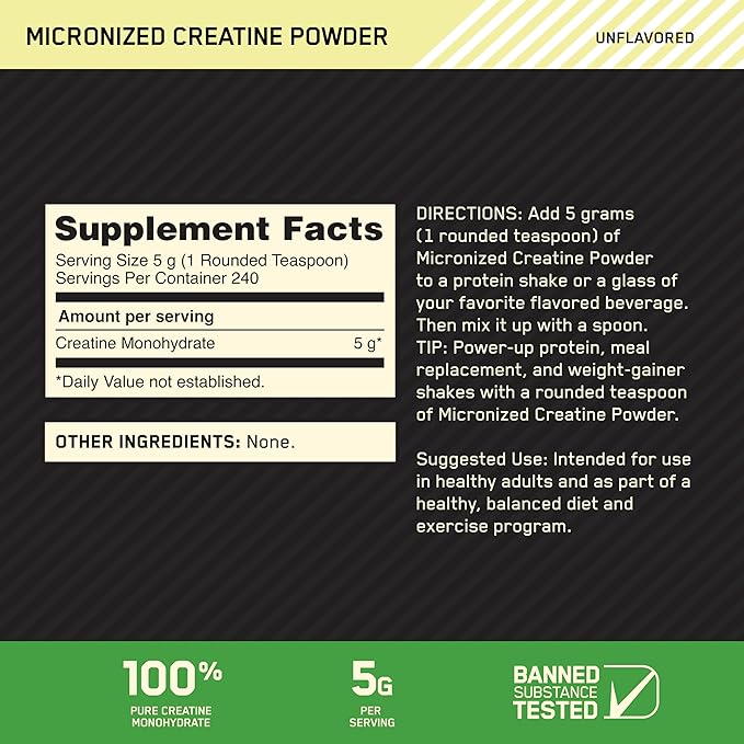 Optimum Nutrition Micronized Creatine Monohydrate Powder, Unflavored, 240 Servings, 1200 Grams (Packaging May Vary)