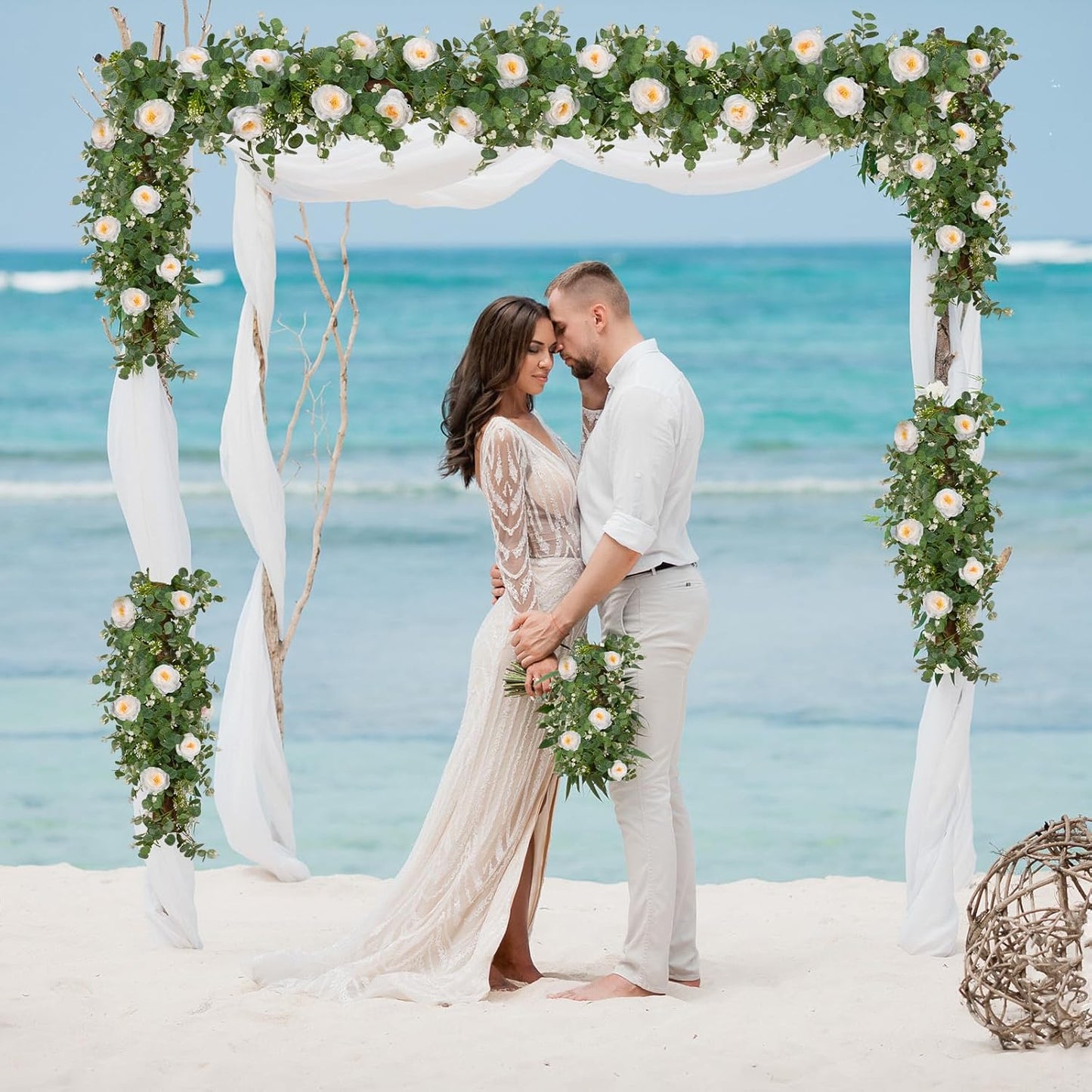 Dolicer 2Pcs 13Ft Artificial Eucalyptus Garlands with Flowers, Faux Floral Greenery Garlands Fake Flowers Vines for Wedding Table Centerpieces Arch Party Ceremony Backdrop Decor (White)