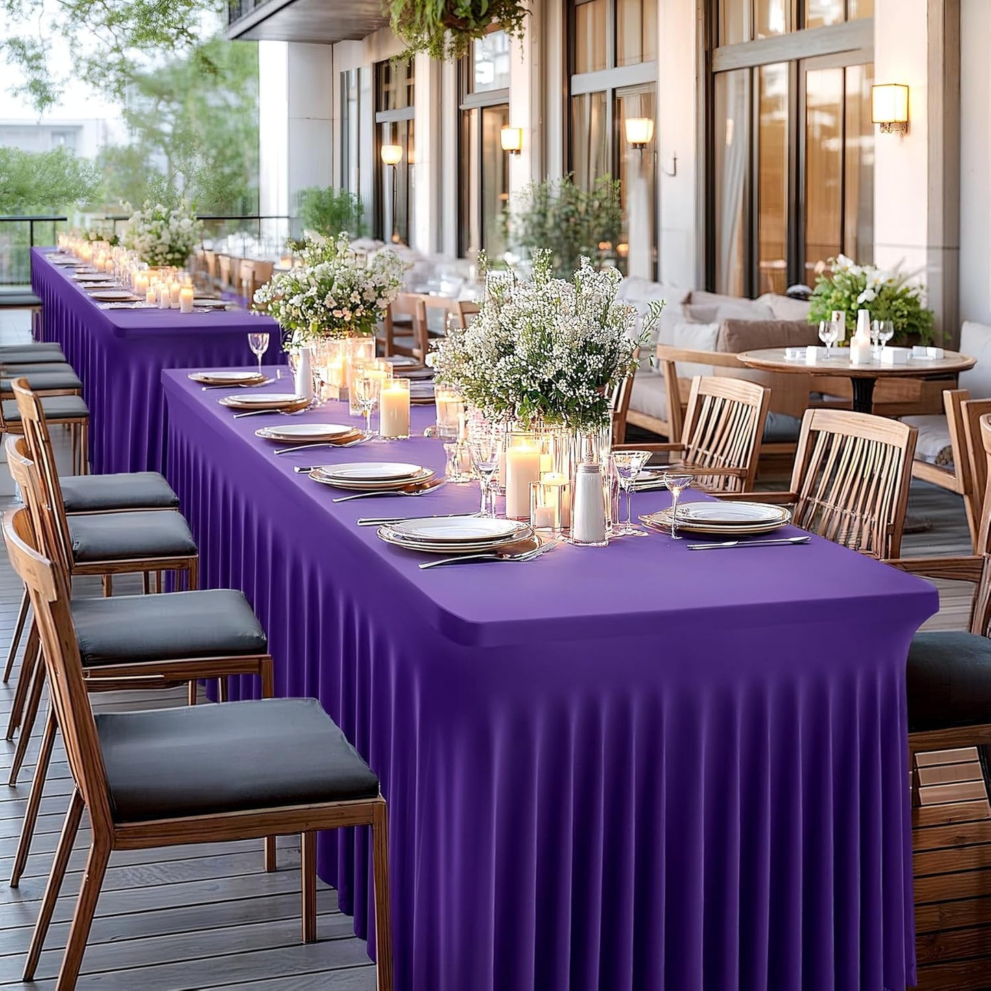 Wish Care 2 Pack Dark Purple Spandex Table Clothes for 8 Foot Rectangle Tables, 8FT Wrinkle Free Fitted Tablecloths Ruffles Design Table Cover for Party, Banquet, Wedding and Events