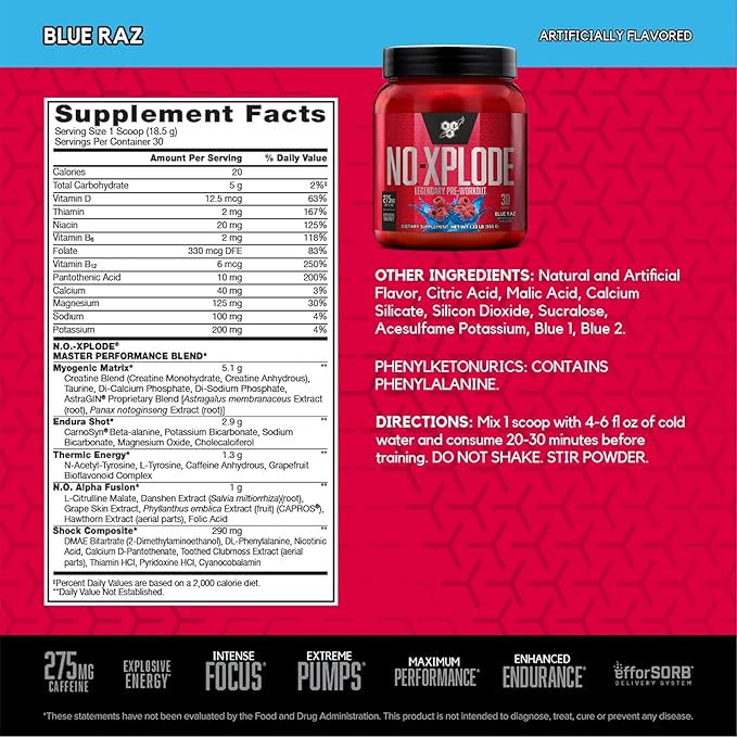 BSN Workout Bundle of NO XPLODE Pre Workout Powder Blue Raz, 30 Servings AMINO X Muscle Recovery Intra Workout Support, Caffeine Free Blue Raz, 30 Servings