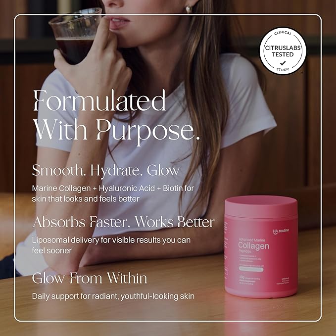 Advanced Marine Collagen Powder Plus Liposomal Vitamin C, Hyaluronic Acid & Biotin, Sugar-Free Type I Collagen Supplement for Skin, Hair, Nails, Joint & Gut Health - 30 Servings, Unflavored