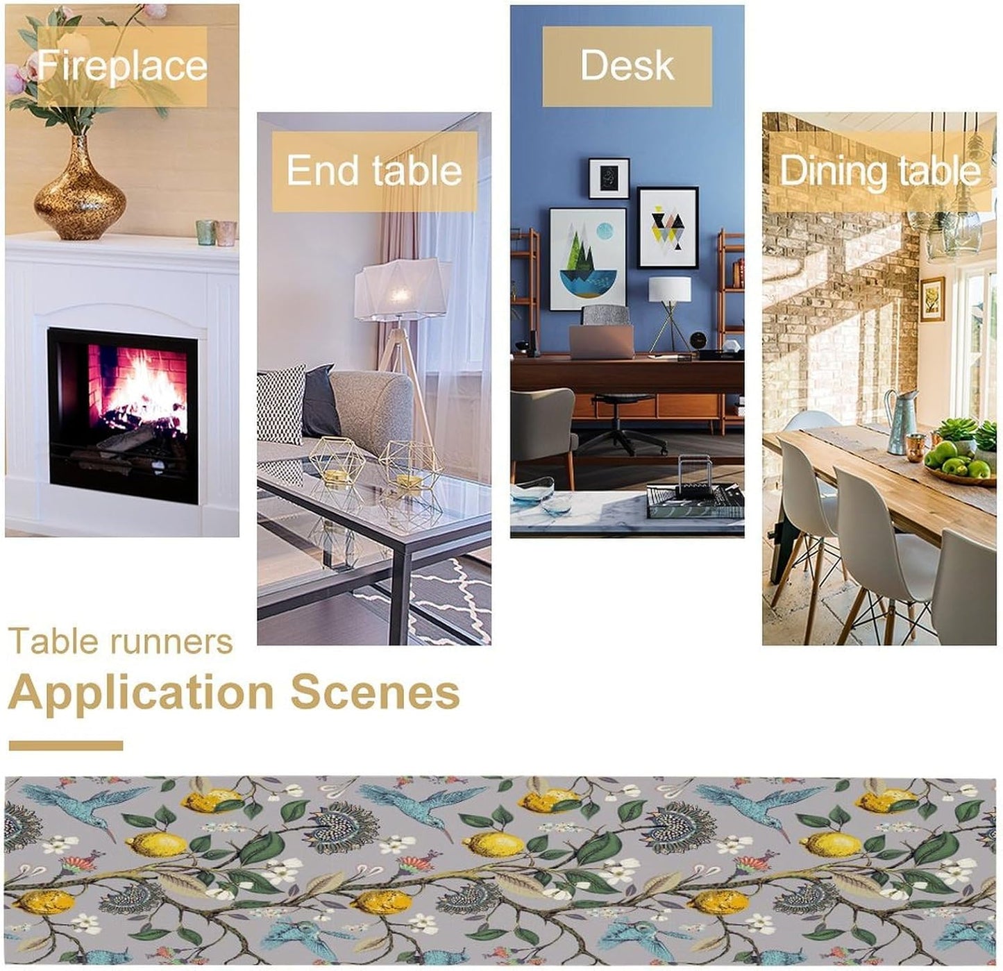 Table Runner with Flowers and Birds, Spring Plant Flowers Table Decoration Linen Table Runner Family Party Party Decorations 13x90 Inches