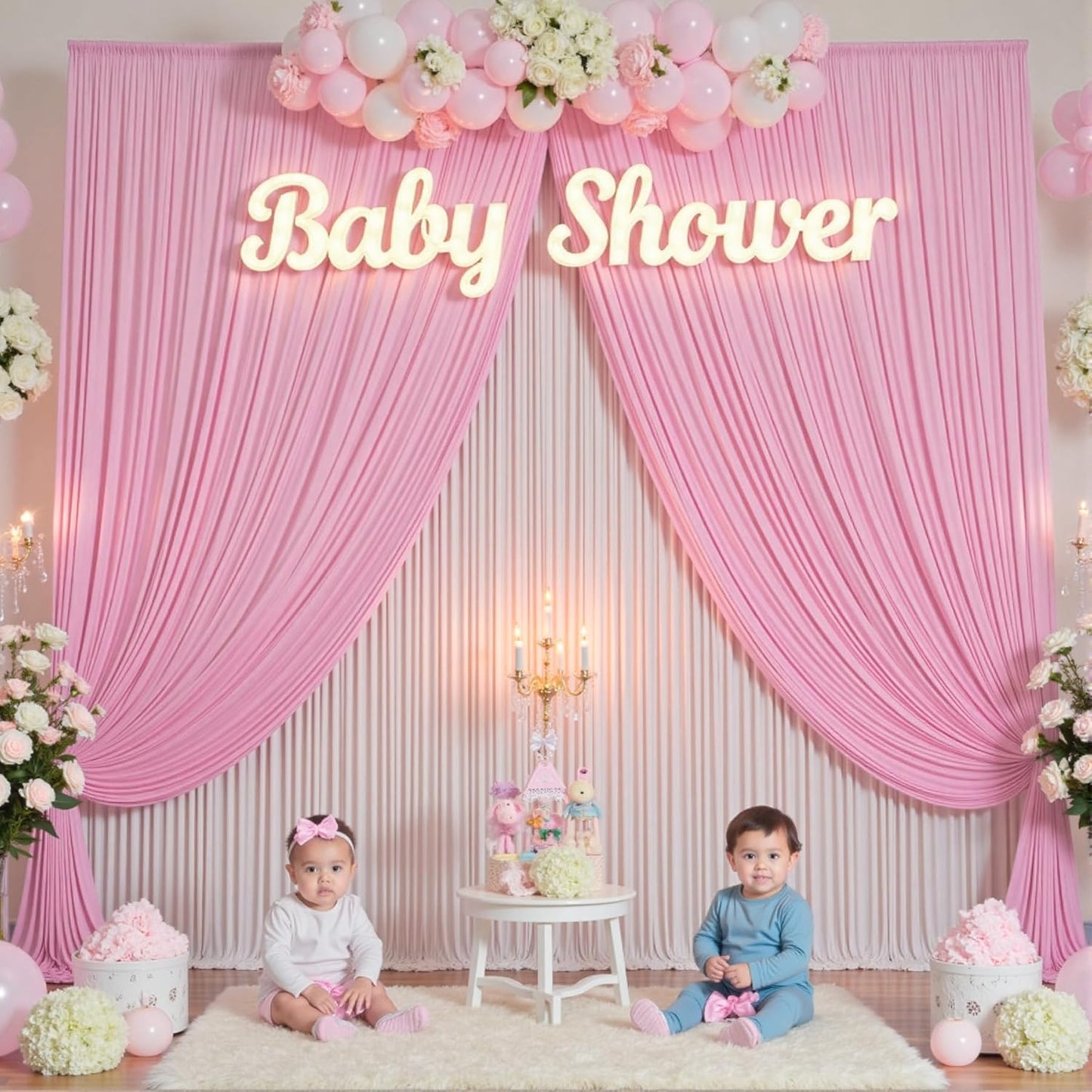 50×12ft Wrinkle Free Pink Backdrop Curtain for Wedding Parties, 10 Panels 5×12ft Long Soft Silky Polyester Backdrop Drapes Baby Pink Photo Back Drop Curtains for Party Photography Background Cloth