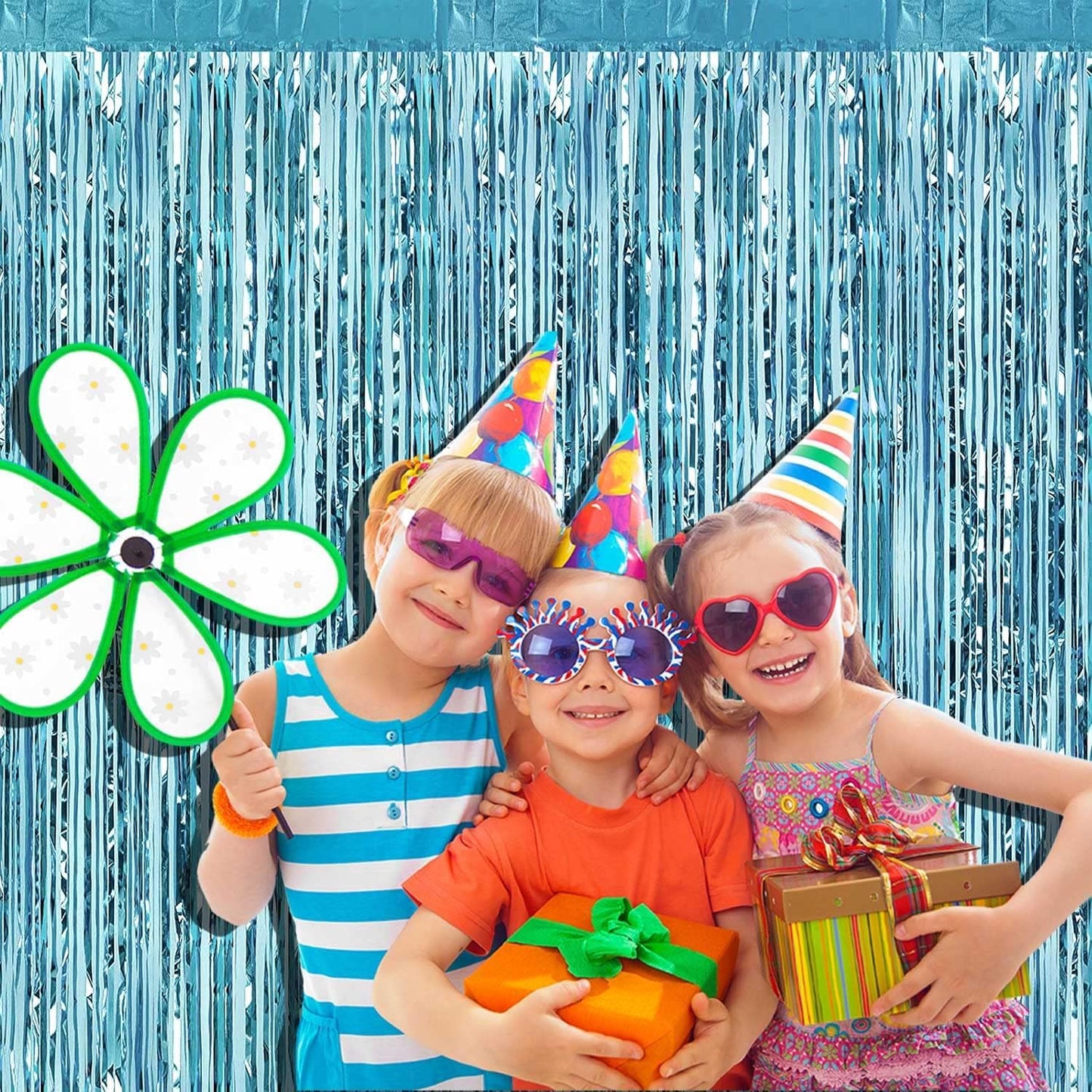 4 Pack Light Blue Foil Fringe Curtain Backdrop, 3.28Ft x 8.2Ft Metallic Tinsel Foil Fringe Streamer Curtains for Photo Booth Props, Birthday, Wedding, Christmas Decoration Party Supplies New