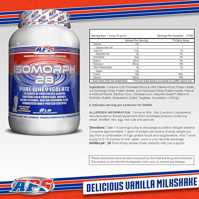 APS Nutrition IsoMorph 28 Protein Powder | Pure Whey Isolate | Cold Pressed, Ultra- Filtered, & Ion Exchange Isolates | 28g Protein | 2 Pound (Vanilla Milkshake)