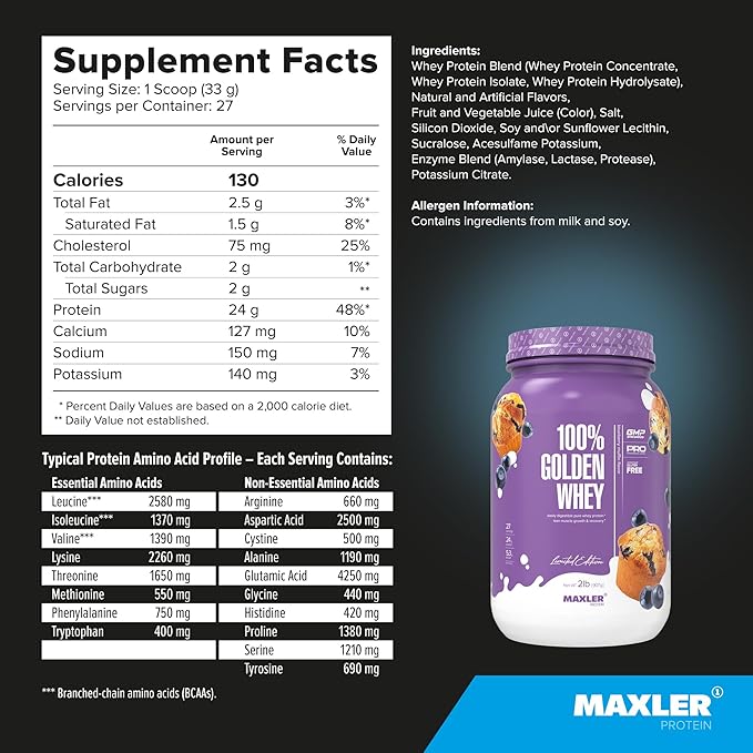 Maxler 100% Golden Whey Protein - 24g of Protein per Serving - Premium Whey Protein Powder for Pre Post Workout - Fast-Absorbing Whey Concentrate, Isolate & Hydrolysate Blend - Blueberry Muffin 2 lb