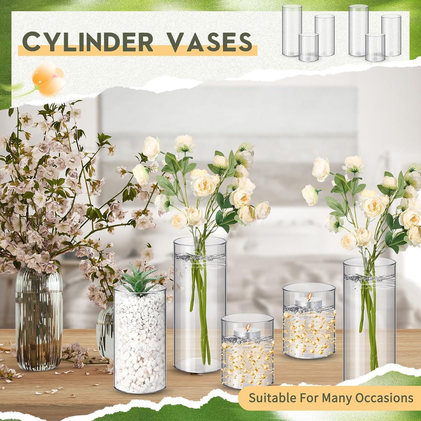 Nuogo 36 Pcs Plastic Cylinder Vases Tall Clear Flower Vases for Centerpieces Hurricane Candle Holder for Home Wedding Office Party Formal Dinners Decorations (4''/6''/8'')