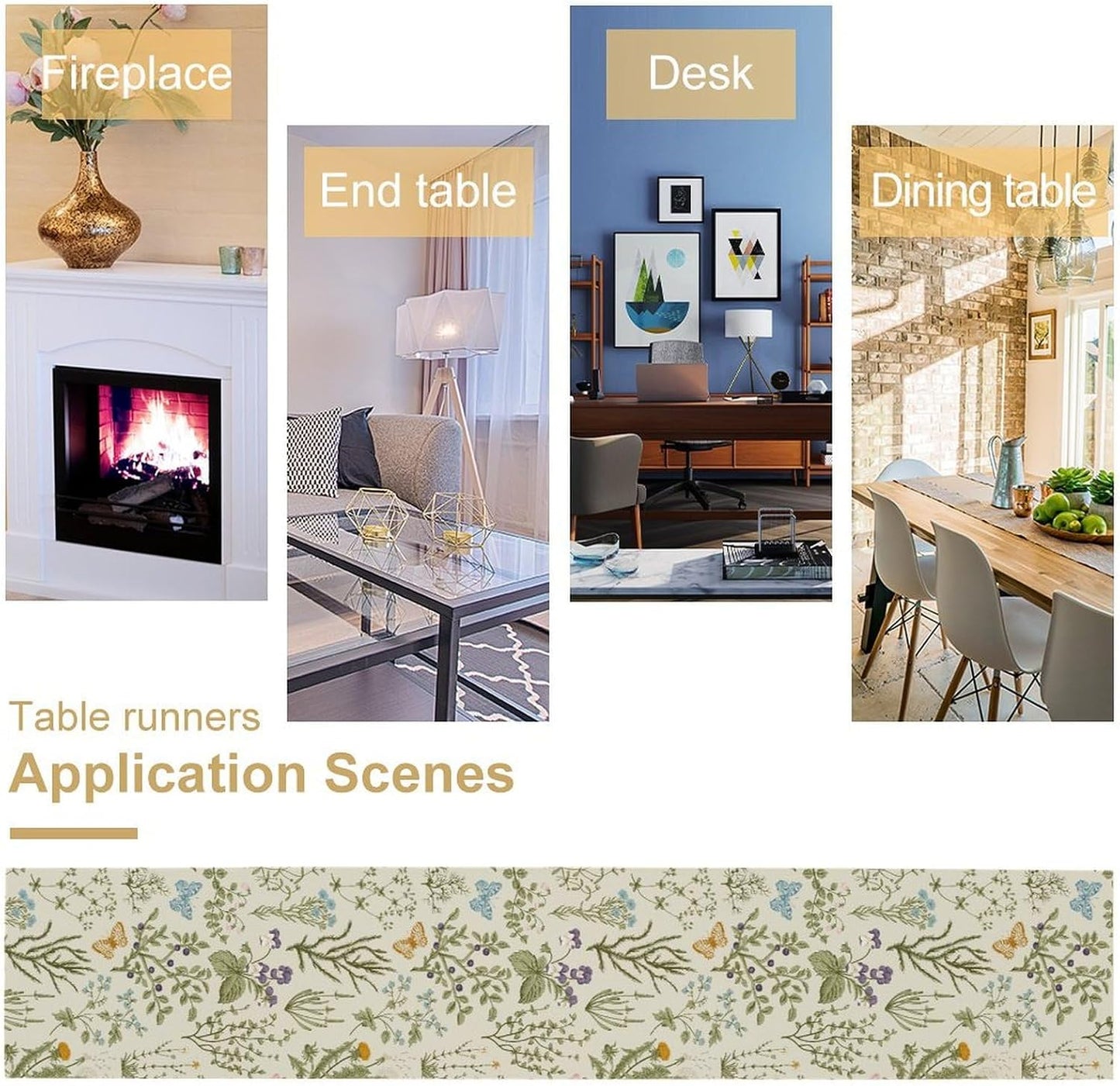 Floral Table Runner,Wildflower Spring Table Runner Seasonal Summer Butterfly Kitchen Dining Table Decoration for Home Party 13x72 Inch