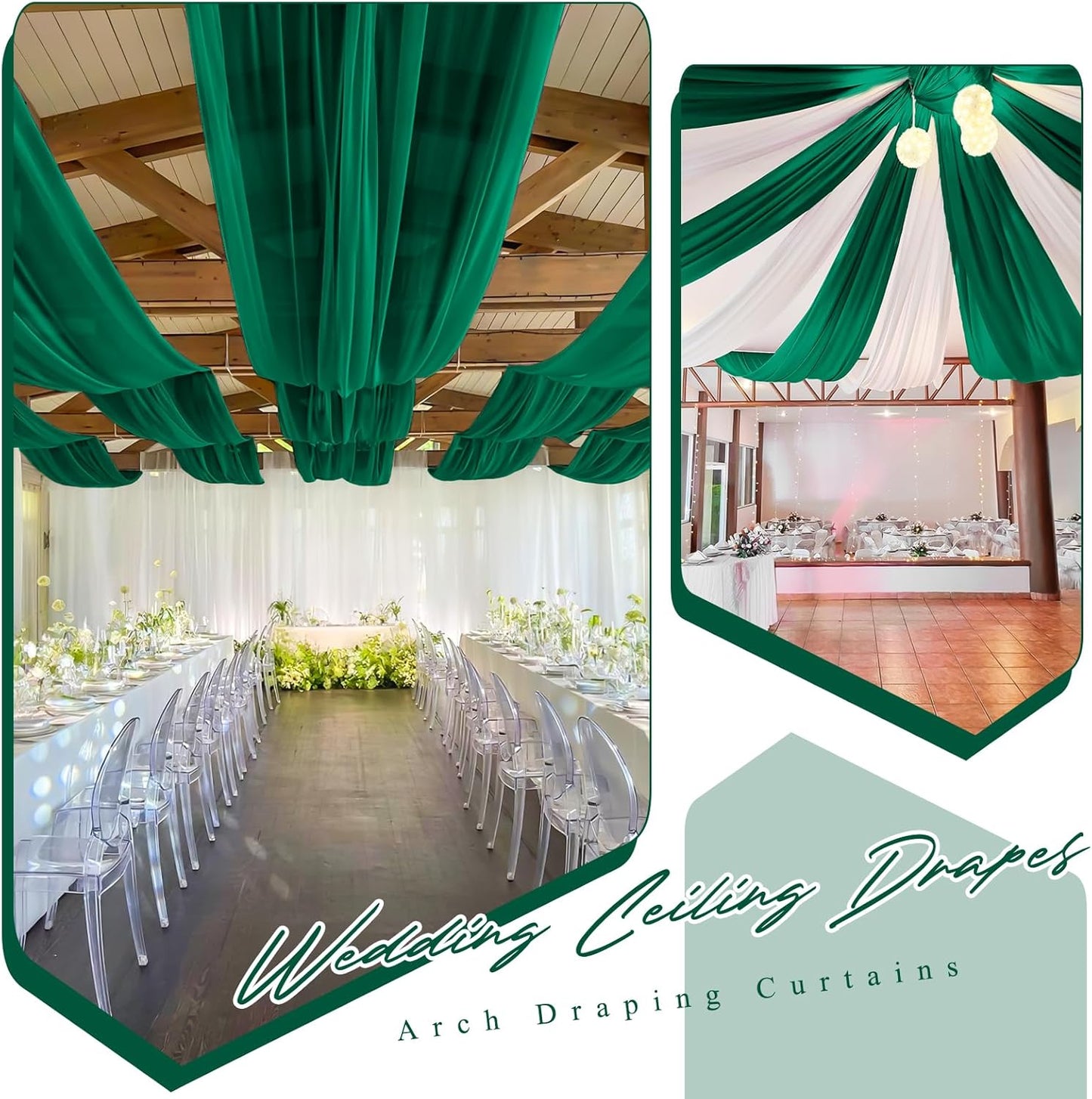 6 Panels Emerald Green Ceiling Drapes for Wedding 5ftx30ft Chiffon Fabric Arch Draping Curtains Sheer Drapery for Party Ceremony Birthday Baby Shower Reception Stage Swag Ceiling Decorations