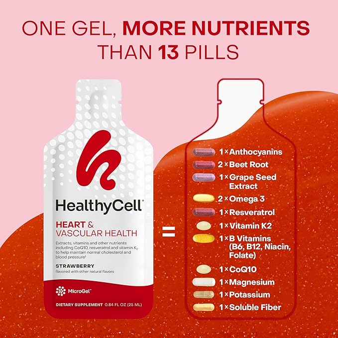 Healthycell Heart & Vascular Health Daily Liquid Supplement - Blood Pressure & Cholesterol Support with Beet Root Powder, Resveratrol, CoQ10, Omega-3 & Vitamin K - 14 Gel Packs