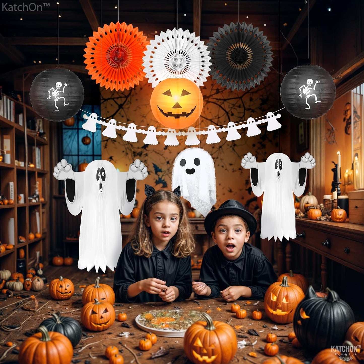 KatchOn, Hanging Ghosts Halloween Decor - Pack of 10 | Xtralarge Indoor Halloween Hanging Decorations, Ghost Garland Decorations, Paper Lanterns, Hanging Paper Fans | Spooky Hanging Decorations