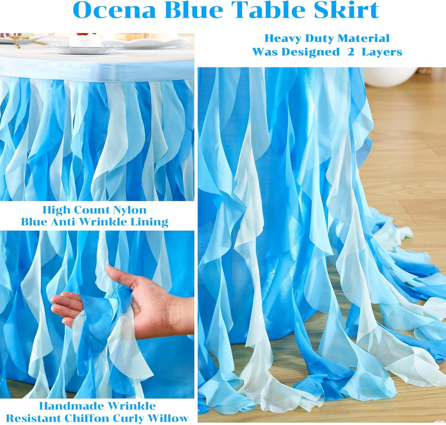 PARTISKY Ocean Blue Tulle Tutu Ruffle Curly Willow Table Skirt for Rectangle Table 6ft,Under The Sea Baby Shark Themed Table Cloth for Boys Girls Birthday Party or Baby Shower