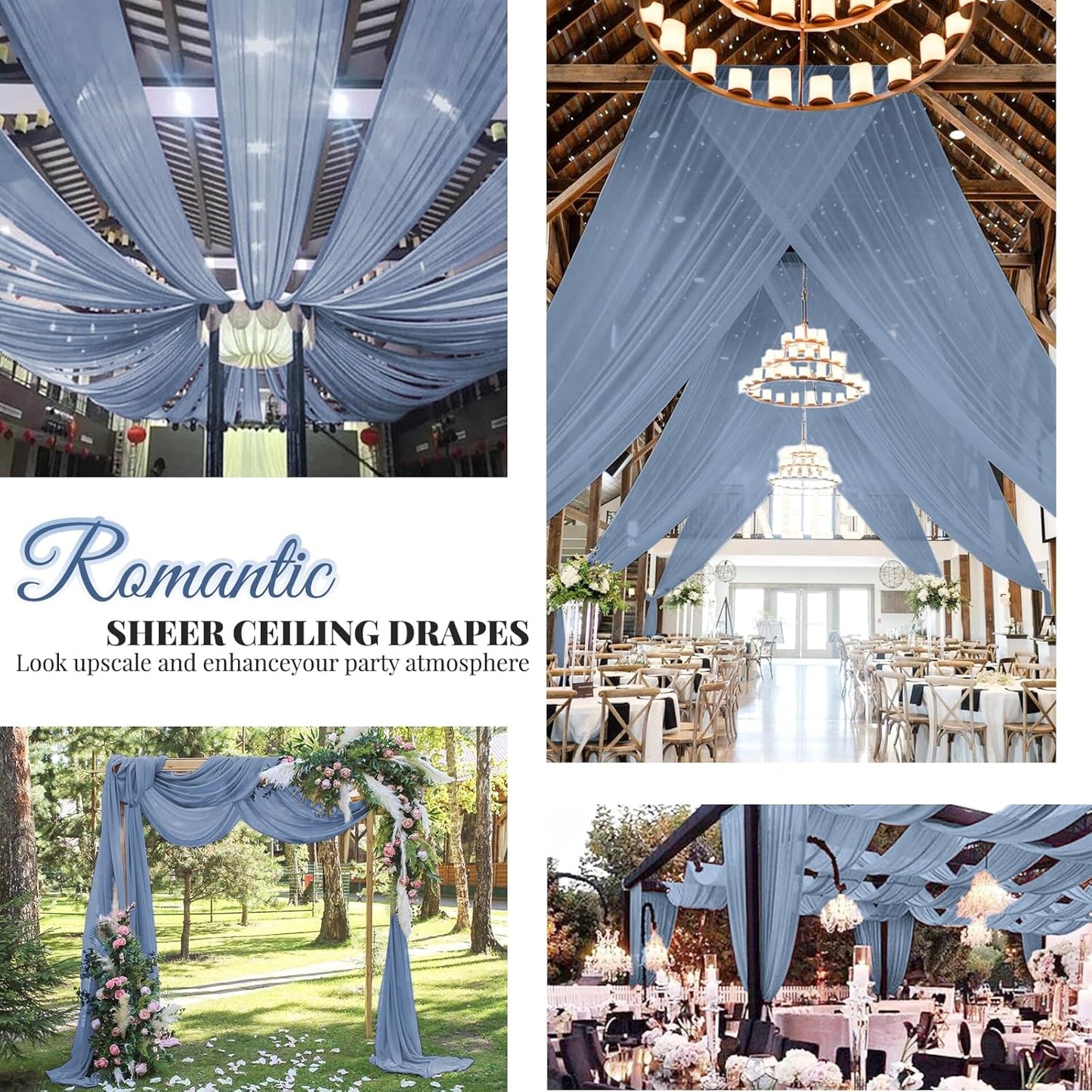 6 Panels Dusty Blue Wedding Drapes 5ftx10ft Chiffon Fabric Arch Draping Sheer Curtains Soft Drapery Wedding Ceiling Decorations for Party Ceremony Stage Swag