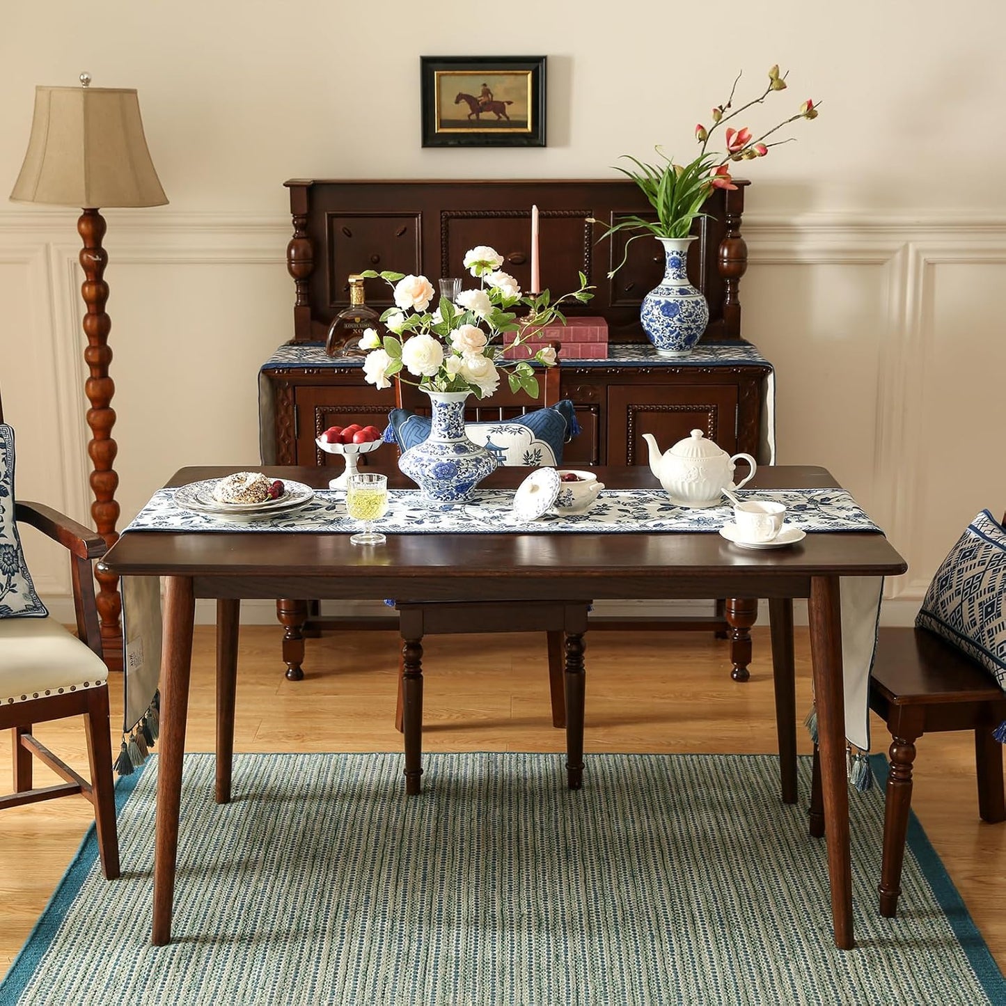 Decorative Small Linen Table Runner 63 Inches Long,Chinoiserie Blue Floral Cloth Runner for Coffee Table Decor Tabletop Table Runners for Kitchen,Dining,Party,Home,Christmas,12"*63"