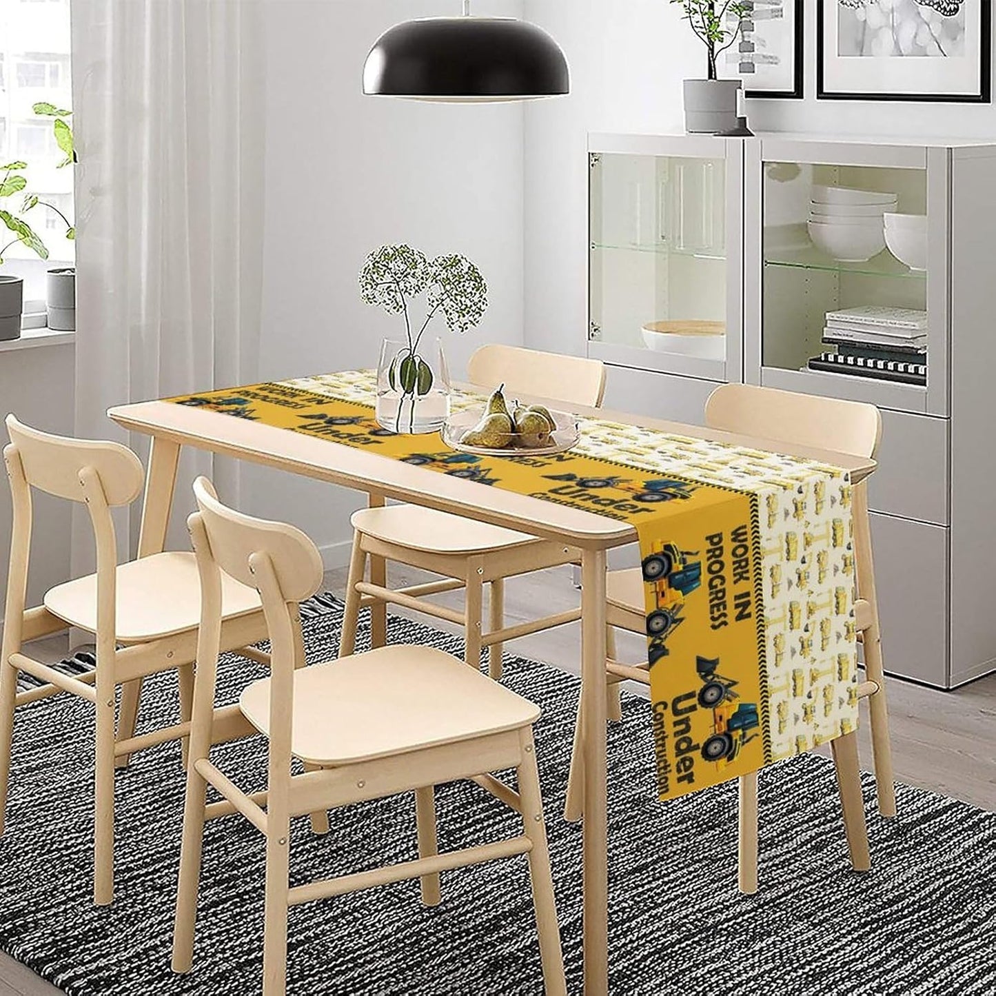 Cartoon Car Table Runner,Boys Kids Construction Vehicles Truck Yellow Print Tablecloth Burlap for Hotel Indoors Outdoor Dining Room Kitchen Home Decor,W13X L108 in