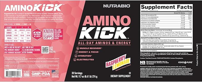 NutraBio Amino Kick – BCAA Powder with Natural Caffeine – Amino Acids Supplement for Energy, Hydration & Recovery – BCAAs, Electrolytes & Amino Acids – Raspberry Lemonade, 30 Servings