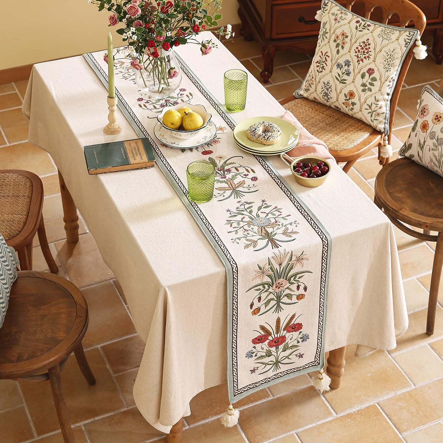 ISAENNE Designer French Country Linen Table Runner 102 Inches Long,Elegant Colorful Floral Pattern Table Runners for Dining Tables,Thanksgiving,Christmas,Kitchen Decor,12"*102"-Serenity F