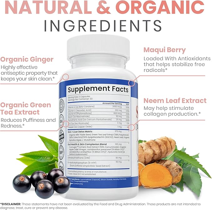 Zen Nutrients SkinVite Natural Skin Supplement for Women, Men & Teens - Hormonal Breakouts & Clear Skin Support Supplement - Detoxifying Vitamin for Acne and Digestion Support