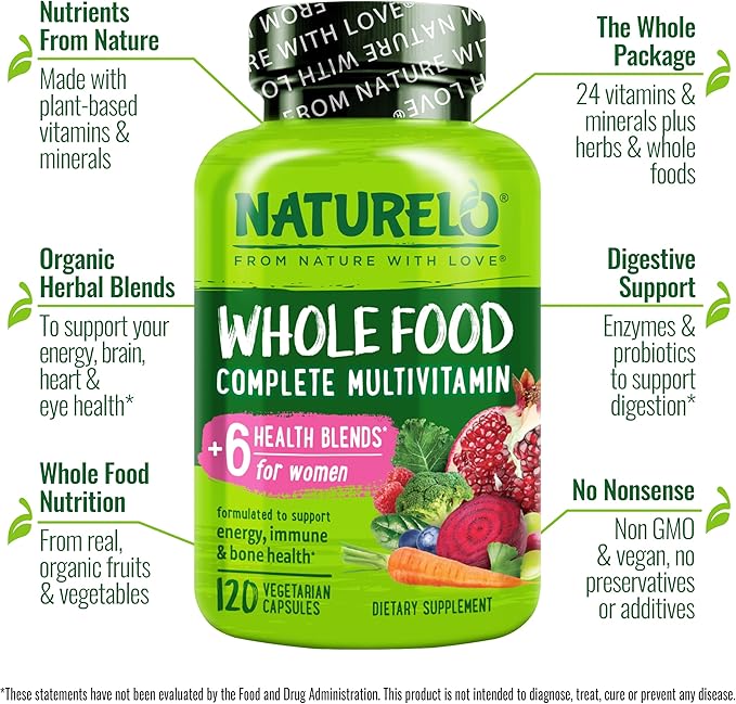 NATURELO Whole Food Multivitamin for Women - with Vitamins, Minerals, & Organic Extracts - Supplement for Energy and Heart Health - Non GMO - 120 Vegan Capsules