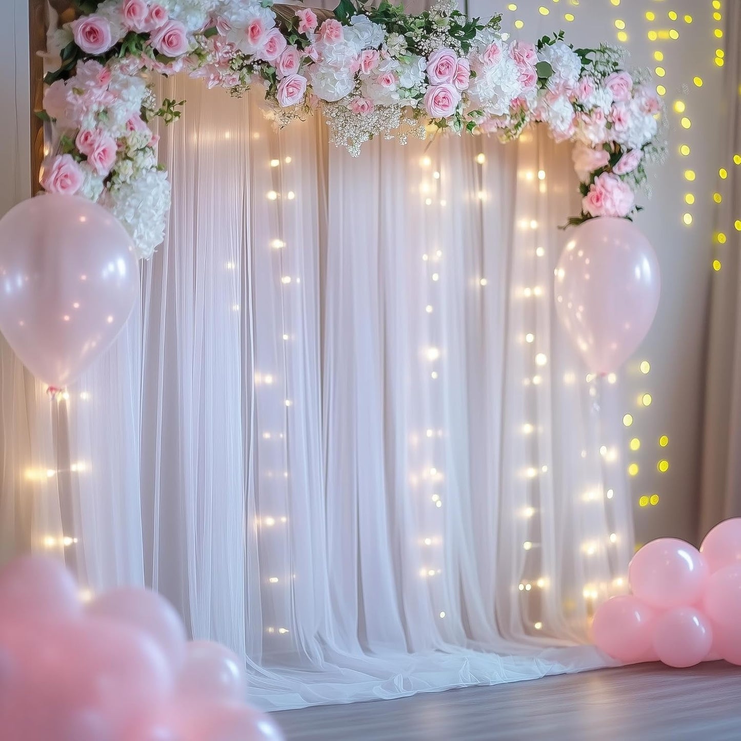 Tulle Backdrop Curtain with Lights String 30 X 8FT White Sheer Tulle Backdrop Curtains for Wedding Birthday Party Reception Photo Booth Background Decorations (6 Panels 5x8FT)