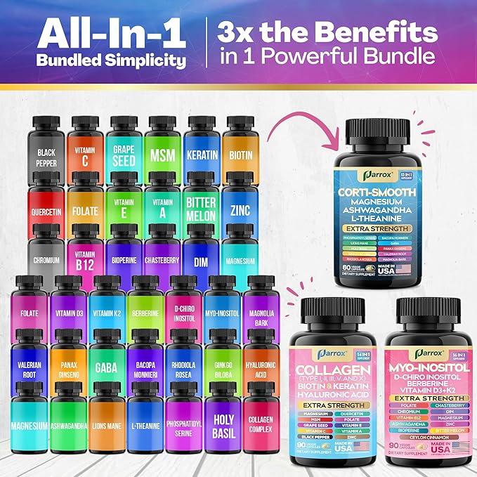 She Shines Set, Collagen Peptides Types I, II, III, V, X, Biotin, Keratin, Myo Inositol, D-Chiro Inositol, DIM, Vitex, Berberine, Cortisol Support, Magnesium, Ashwagandha, L-Theanine Lions Mane