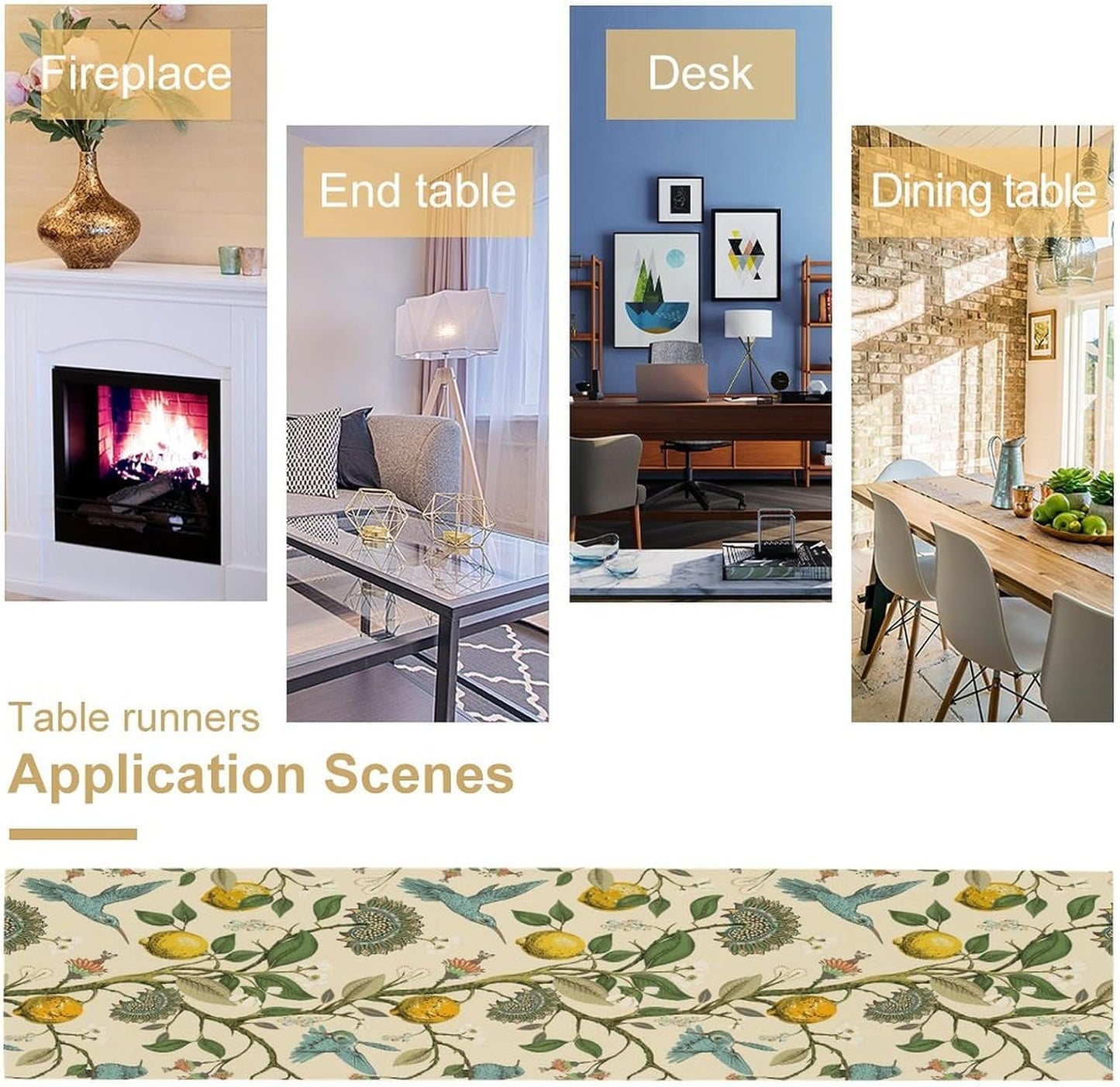 Table Runner with Flowers and Birds, Spring Plant Flowers Table Decoration Linen Table Runner Family Party Party Decorations 13x90 Inches