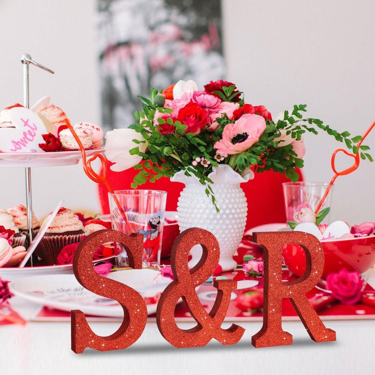 TONIFUL 8 Inch Red Glitter Letter S Table Centerpiece A-Z Red Birthday Party Decorations,Red Alphabet S for Birthday,Chrismas,Graduation,Bridal Shower,Wedding,Anniversary Party Supplies