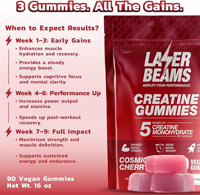 Creatine Monohydrate Gummies for Women & Men - 5g Creapure Creatine per Serving - Vegan, Cosmic Cherry Flavor - Boost Muscle Strength, Endurance, Recovery & Mental Focus (90 Gummies)