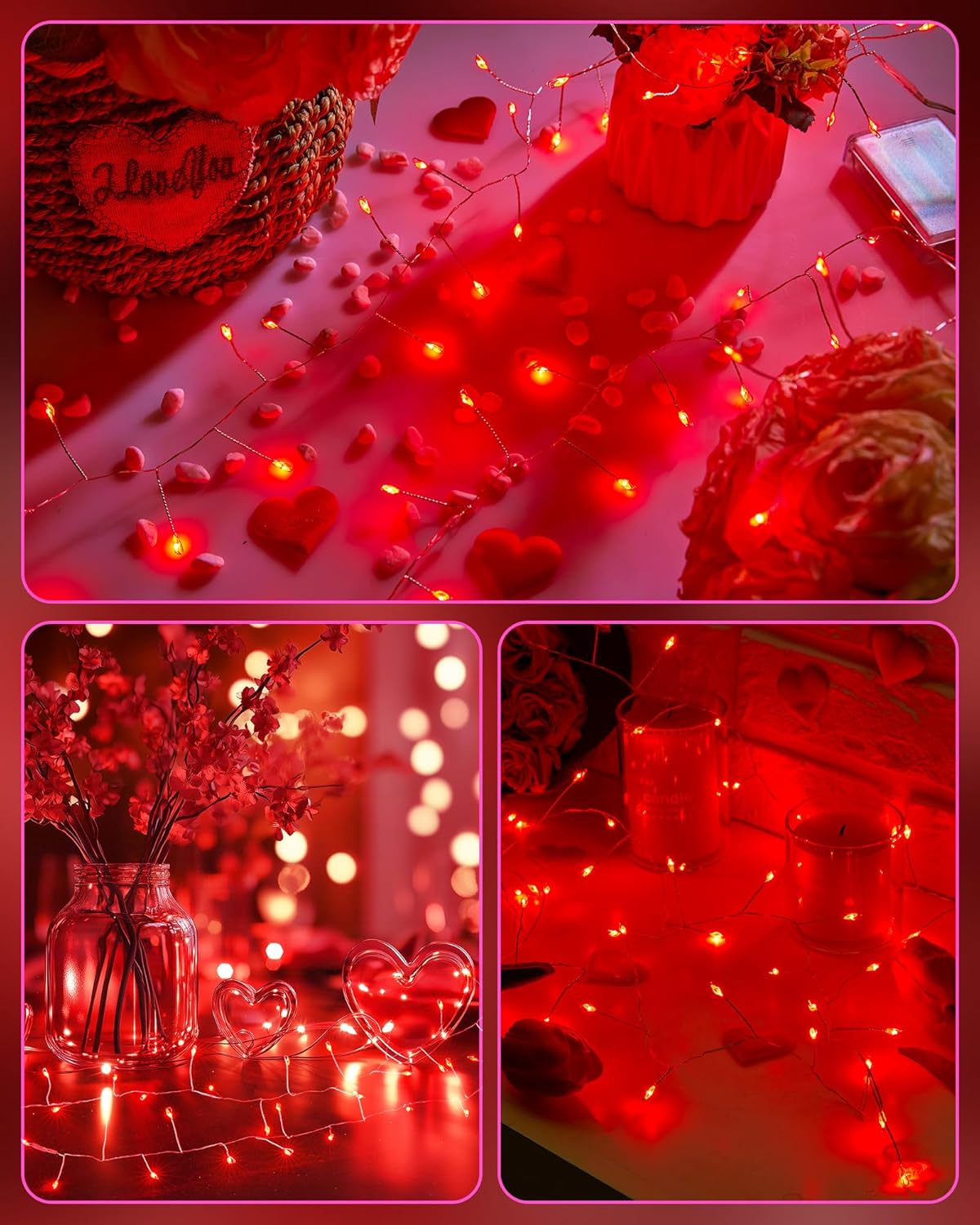 Red Fairy Lights Battery Operated, Valentine's Day Silver Wire 5 Feet 60 Led Firecracker String Lights for DIY Wreath Home Wedding Party Bedroom Mason Jar Holiday Christmas