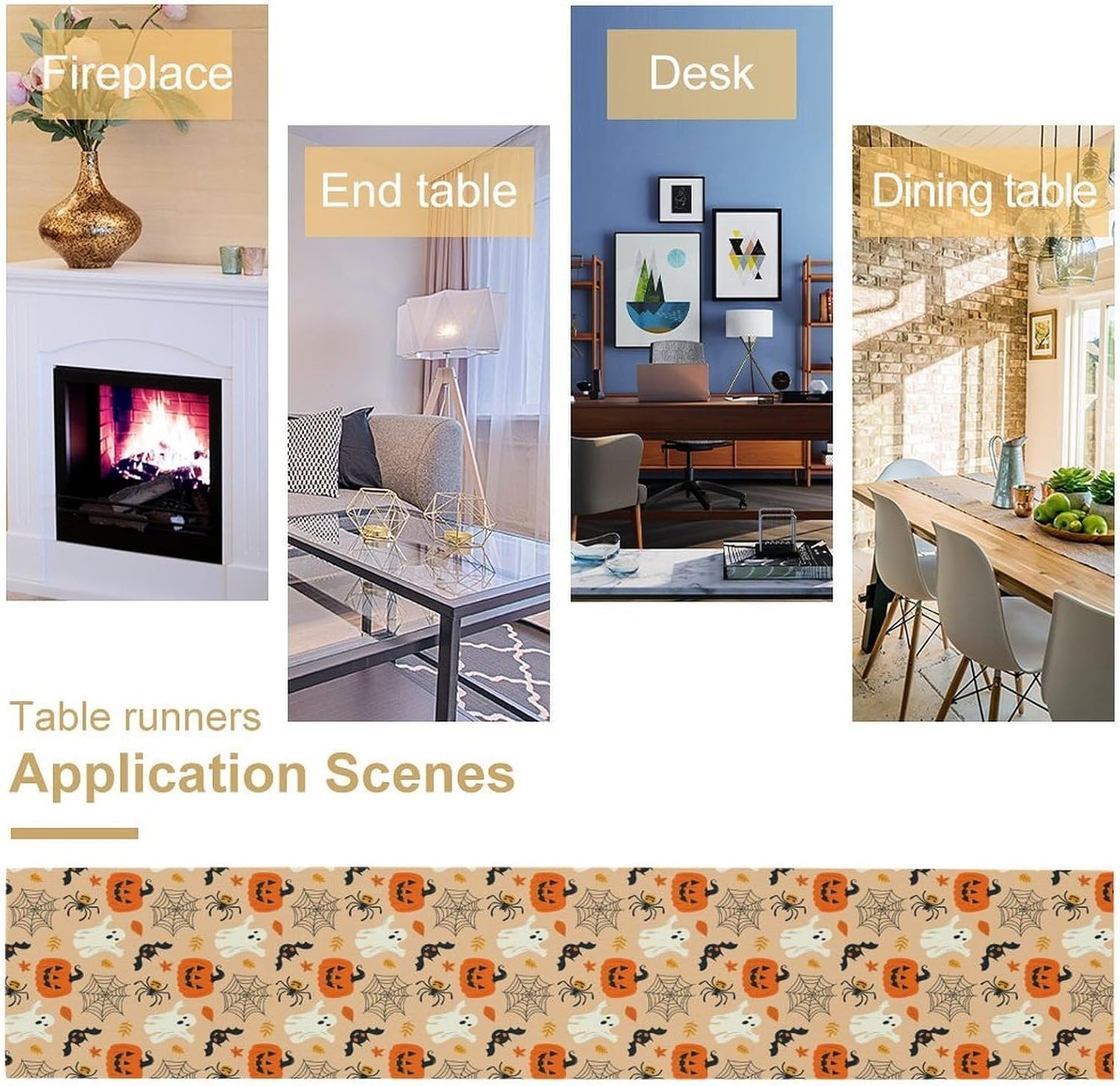 Halloween Table Runner,Cute Ghost Pumpkin Leaves Table Runner for Kitchen Dining Table Decoration Home Party Decor 13x108 Inch