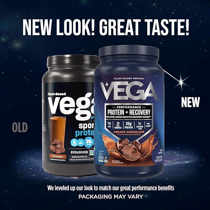Vega Sport Vegan Protein Powder + Recovery - 30g Plant Based Protein per Serving, Chocolate, 19 Servings, 5g BCAAs, Probiotics, NSF Certified, For Shakes & Smoothies, 1.8lbs (Packaging May Vary)