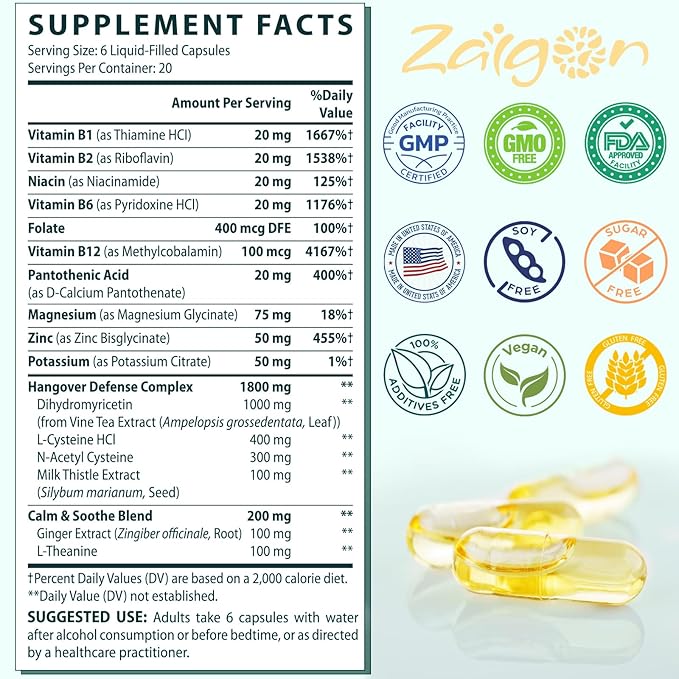 Zaigon Hangover DHM Supplements, Recovery After Alcohol Aid, 1000mg Dihydromyricetin with Milk Thistle, Electrolytes, NAC, Vitamin B & L Cysteine for Hangover & Liver Support, 120 Capsules