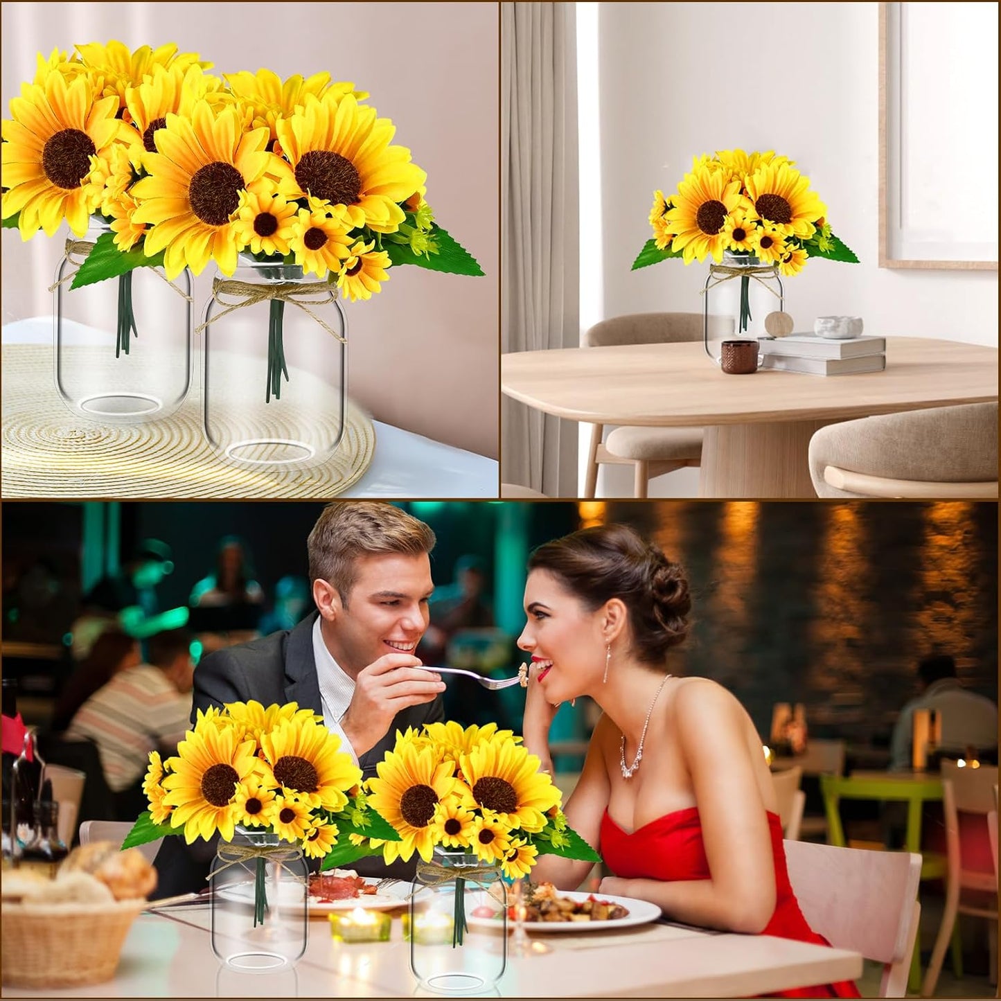 6 Set Centerpiece Table Decorations Mason Jar Table Centerpiece with Flower Mason Jar Wedding Centerpieces Vases Decor for Reception Engagement Party Bridal Shower (Sunflower)