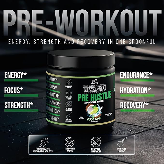 BLACKLABEL Supplements PRE Hustle V3 Pre-Workout Powder – NSF Certified for Sport – Energy, Strength & Endurance Support – Coconut Lime Flavor – with Creatine & Caffeine – 30 Servings