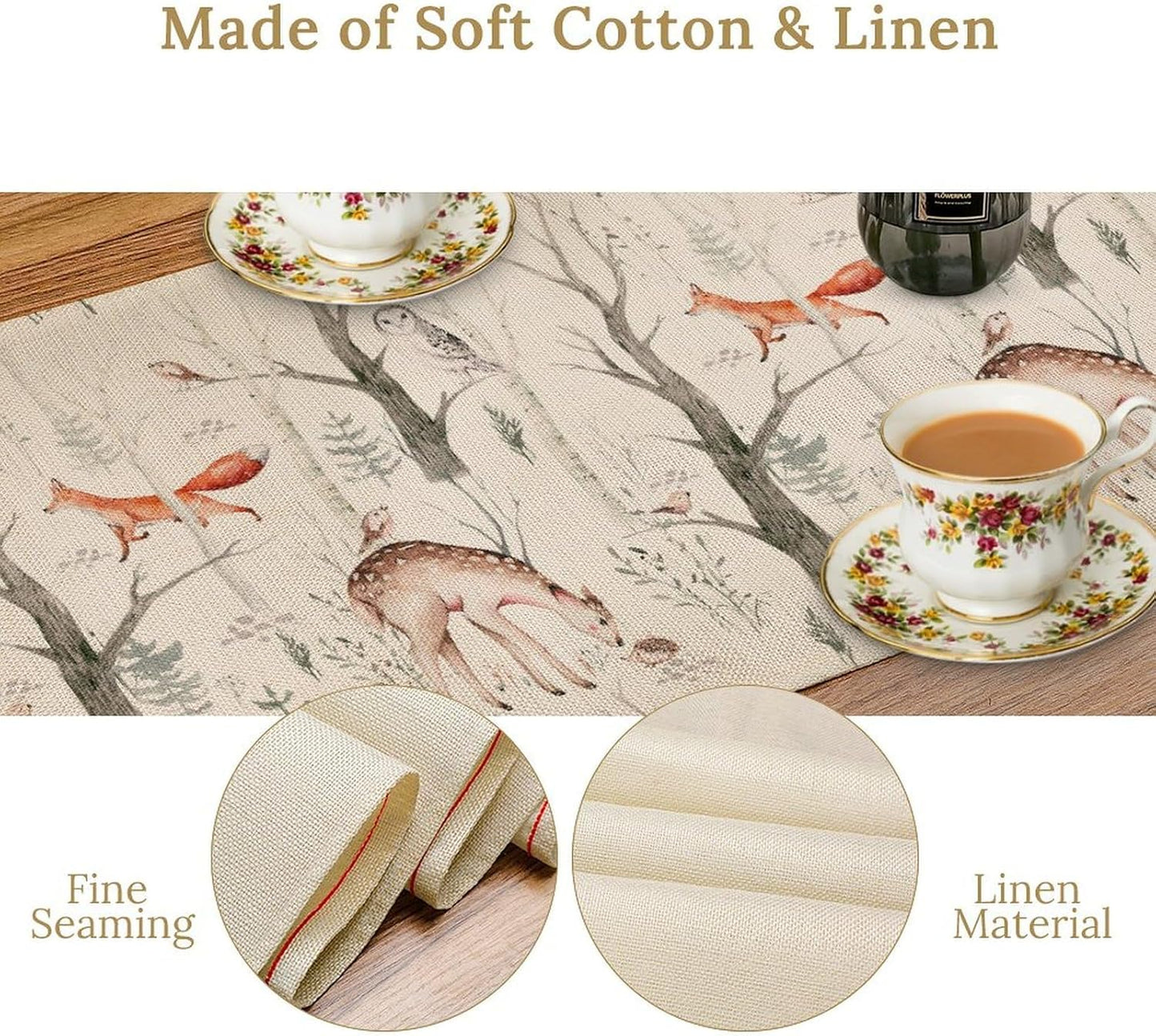 Rustic Woodland Table Runner, Farmhouse Forest Animals Country Lodge Wild Hunt Deer Fox Table Center Decor for Home Kitchen Dining Patio Holiday Party Indoor Outdoor Table Decorations, 13"x36" Inch