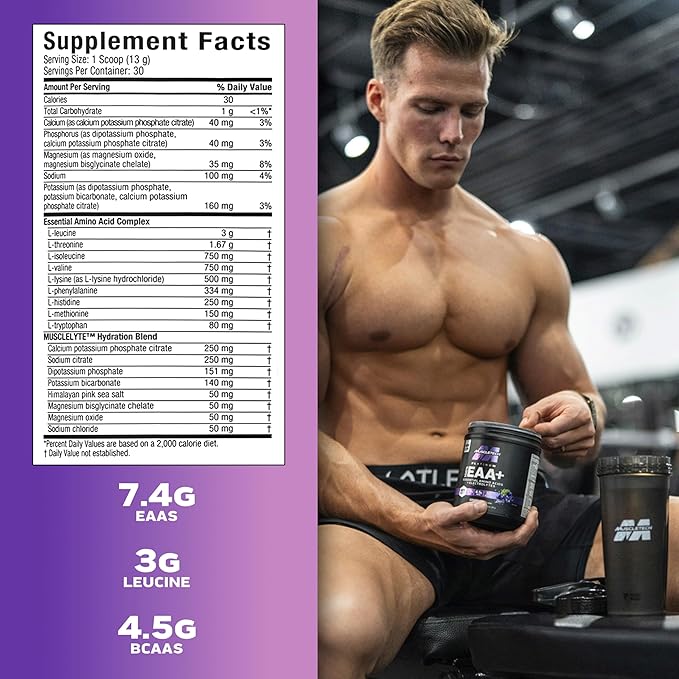 MuscleTech Platinum Essential Amino Acids Supplement with Electrolytes, Grape - Pre-Workout Powder for Energy, Muscle Growth & Strength Builder - EAA Complex for Men & Women - 30 Servings