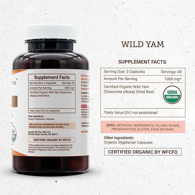 Secrets of the Tribe Wild Yam Capsules 1000 mg Responsibly farmed USDA Organic Wild Yam (Dioscorea Villosa) Dried Root, Hormone Support Supplement (120 Capsules)