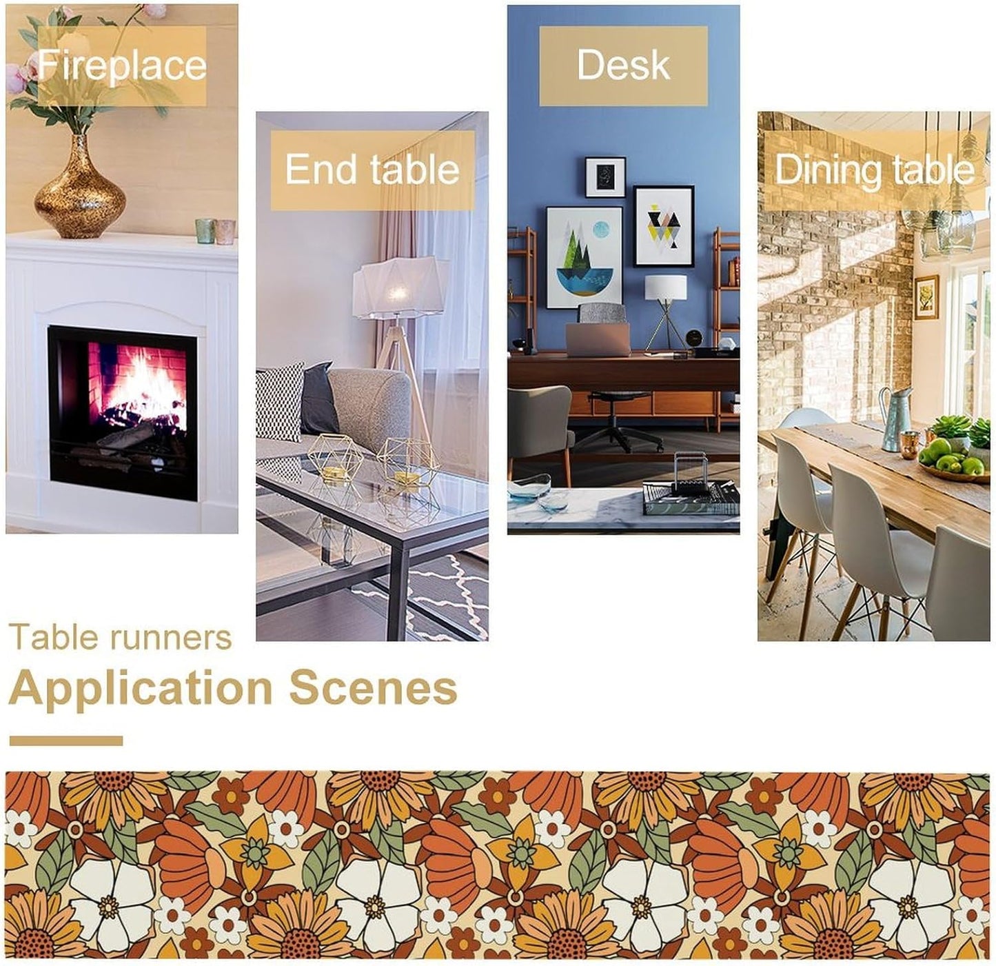 Vintage Floral Table Runner,Boho 70s Style Retro Flower Table Cloth Kitchen Dining Table Home Party Decoration 13x90 Inch