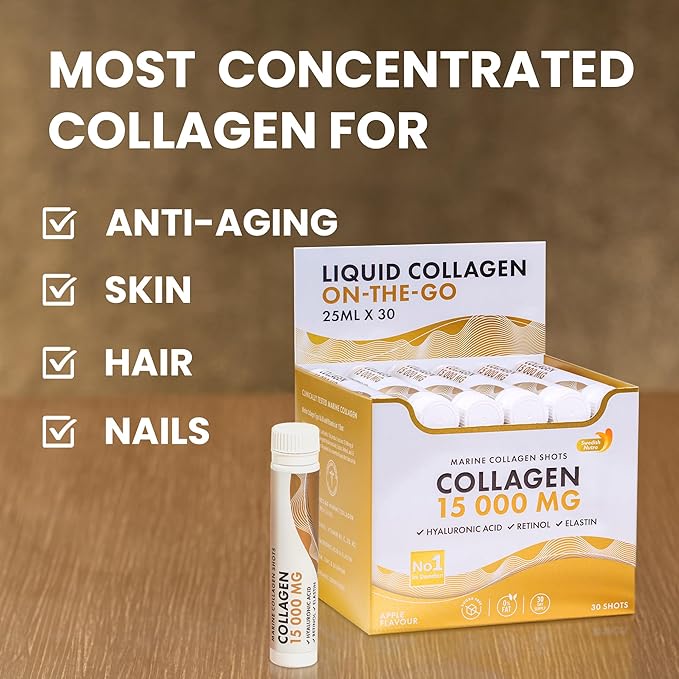 Swedish Nutra - Liquid Marine Collagen 15,000mg - 30 Shots I Hydrolyzed Collagen Peptides (Type I & III) I Hyaluronic Acid, Biotin, Vitamin C Sugar Free- 30 Day Supply