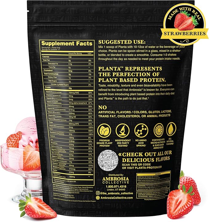 Ambrosia Planta - Premium Organic Plant-Based Protein | Vegan & Keto Friendly | Gourmet Flavors with No Bloating or Stomach Upset | No Added Sugar | 14 Servings | (Strawberry Ice Cream)