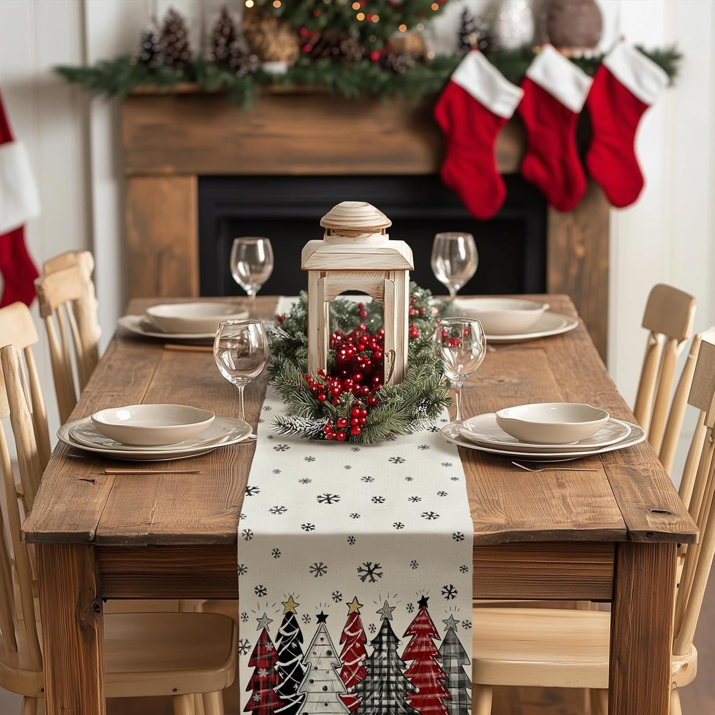 GEEORY Christmas Table Runner 13x72 Inch, Xmas Tees Snowflakes Holiday Decorative Farmhouse Table Decoration for Kitchen Dinning, Indoor Outdoor Dinner Party Decor ((Red & Black) GT165-72