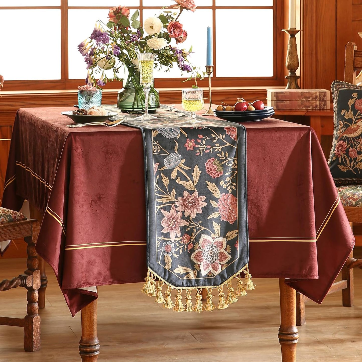 patdrea Designer Vintage Black Floral Velvet Table Runner 71 Inch Long, Pink Khaki Bouquets Pattern Table Mat, Decoration for Kitchen Dining Coffee Table Cabinet Banquet Thanksgiving,12"*71"