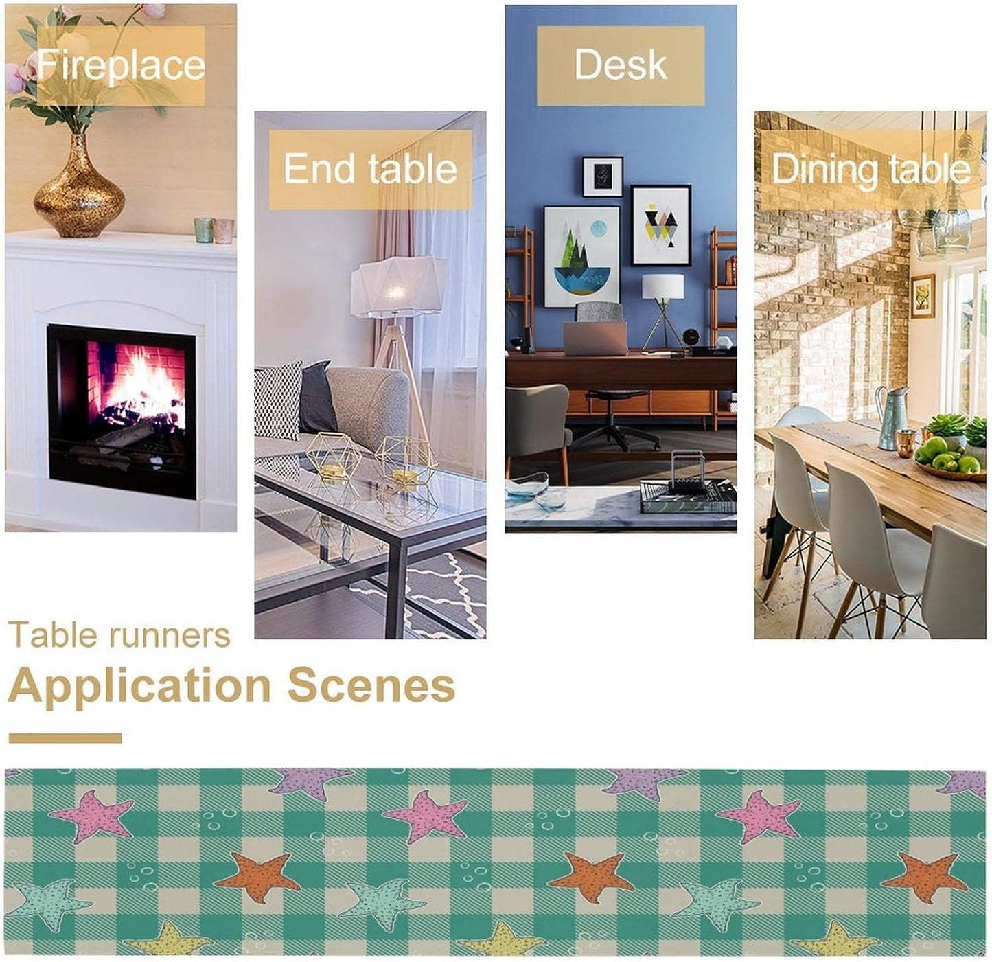 Starfish Plaid Table Flag Green Plaid and Marine Life Starfish Kitchen Table Flag Suitable for Birthday Party Restaurant Decoration Outdoor Picnic 13x36 Inch