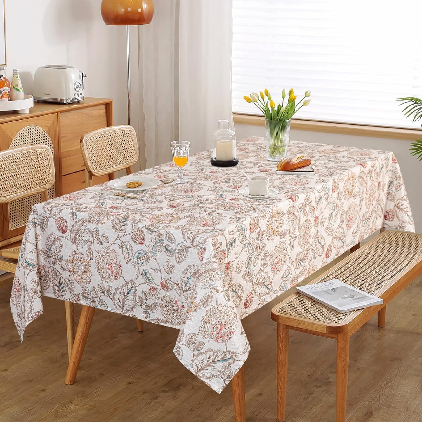Mysky Home Waterproof Tablecloth Rectangle 60x102 Inch Rustic Burlap Tablecloth Spring Floral Linen Table Cover Farmhouse Decoration Rectangle/Oblong for Holiday, Dinner, Indoor and Outdoor Use, Brown
