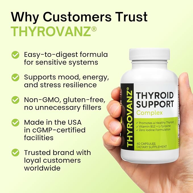 Thyroid Support Complex (60 Capsules) Thyroid Support for Women & Men, 0% Iodine, Boosts Mood & Energy, Fights Brain Fog & Stress, Includes B Vitamins, Non-GMO, Made in USA - cGMP Certified