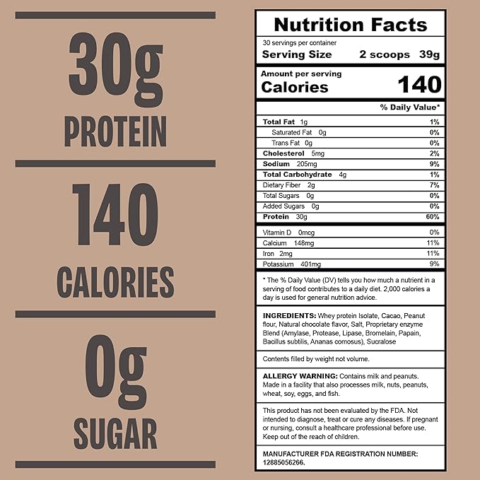 Chocolate Peanut Butter Whey Protein Powder, 30G of Protein, Low Calorie & Fast-Absorbing, 0 Sugar, Soy-Free & Gluten-Free Protein Powder, 30 Servings