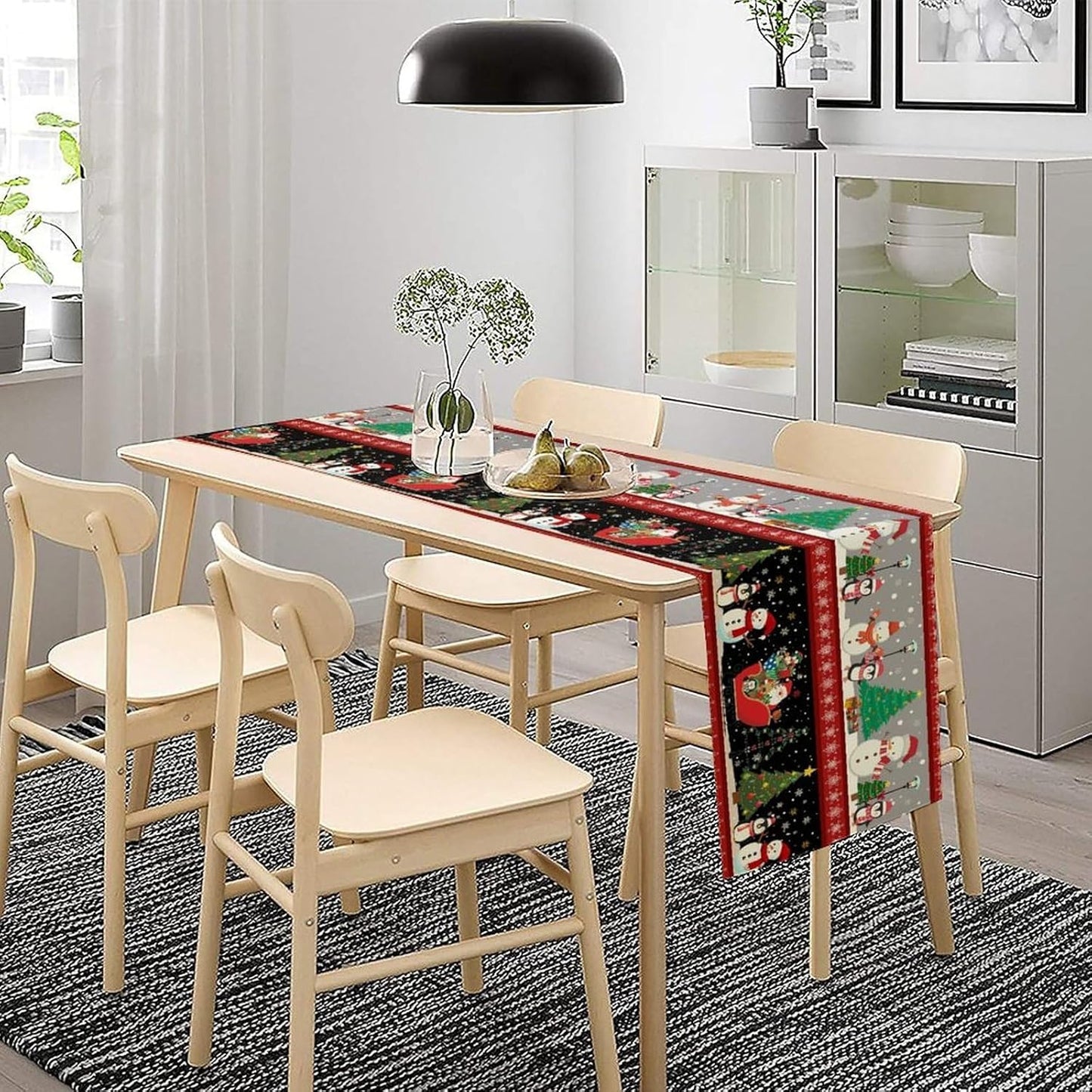 Christmas Table Runner,Cartoon Snowman Tree Xmas Deer Elk Santa Claus Print Tablecloth Burlap for Hotel Indoors Outdoor Dining Room Kitchen Home Decor,W13X L108 in