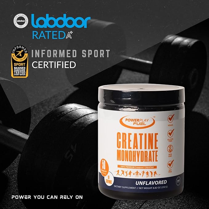 CREATINE Monohydrate Powder – Supports Energy, Brain & Muscle Health, and Recovery for Men & Women - Gluten & GMO Free, Soy Free, Sport Certified – Unflavored, 250 G, 50 Servings