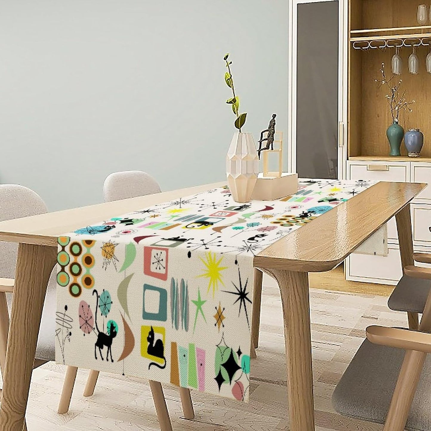 Colorful Geometric Table Runner,Vintage Mid Century Cute Cat Abstract Morden Print Tablecloth Burlap for Hotel Indoors Outdoor Dining Room Kitchen Home Decor, 13x108in
