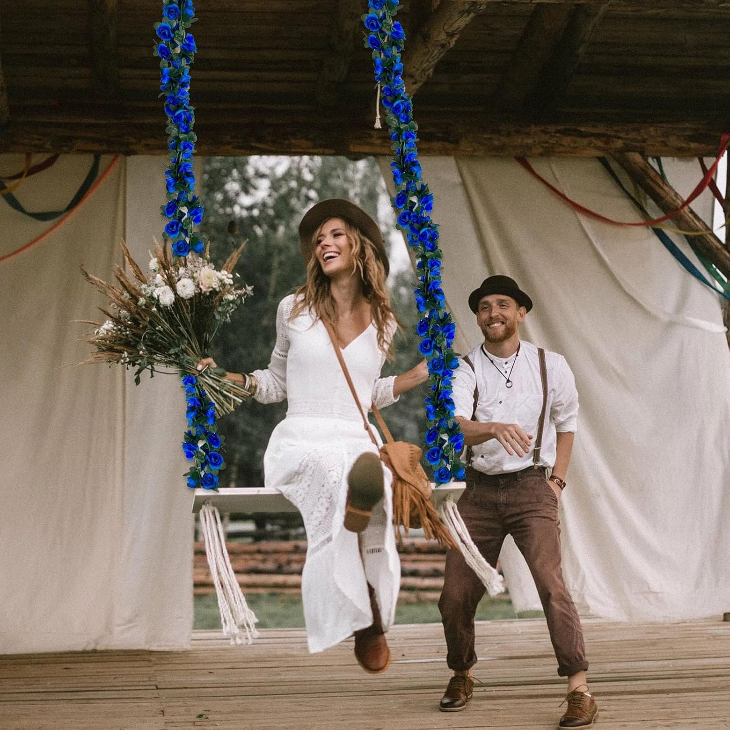 16Pcs 126Ft Royal Blue Rose Garland, Fake Rose Hanging Flowers, Artificial Flower Vine, Hanging Floral Vine Garland for Wedding, Birthday Party, Wall Arch, Halloween, Christmas Garden Backdrop Decor